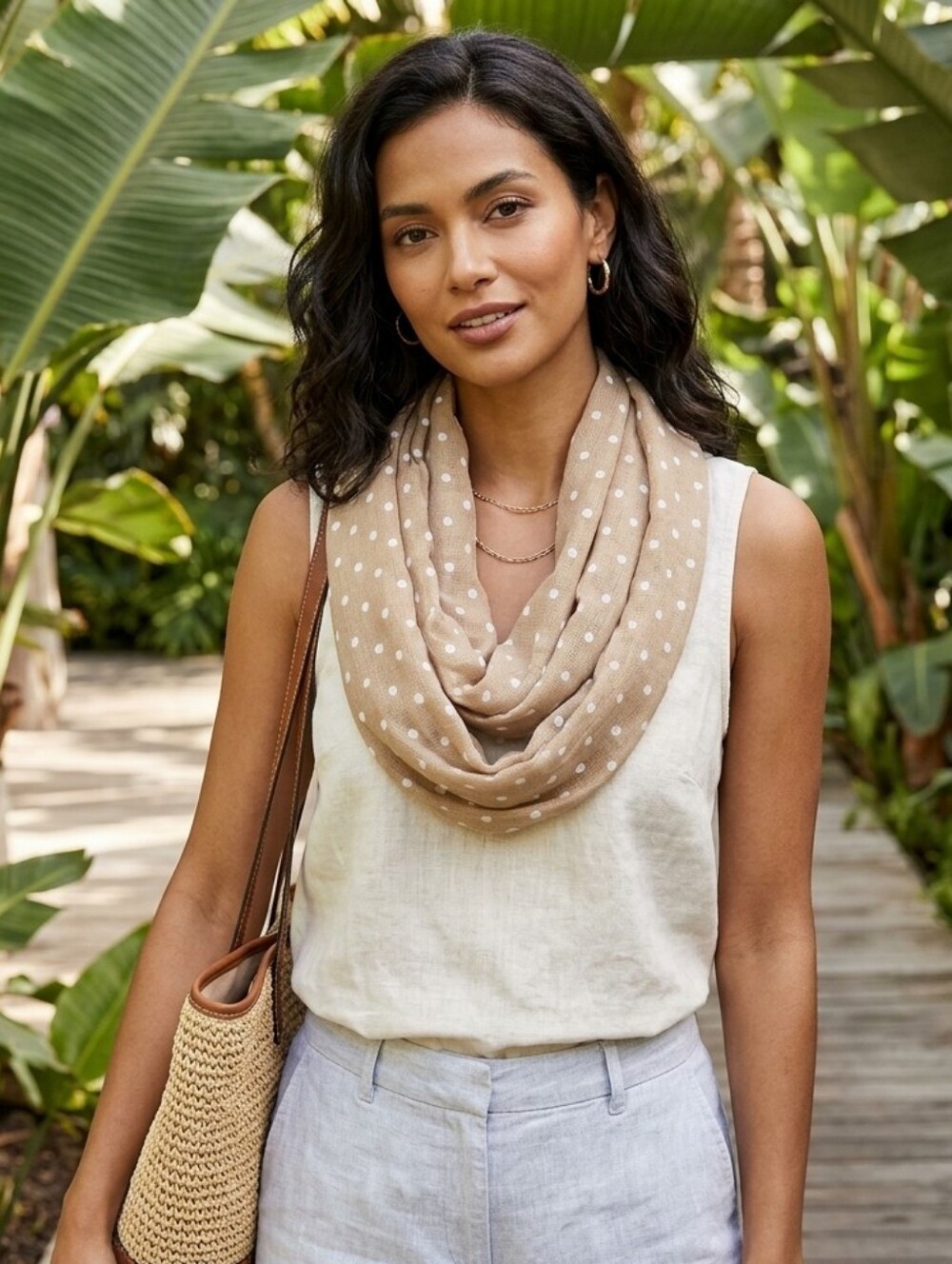 Van Heusen Tan and White Polka Dot Scarf